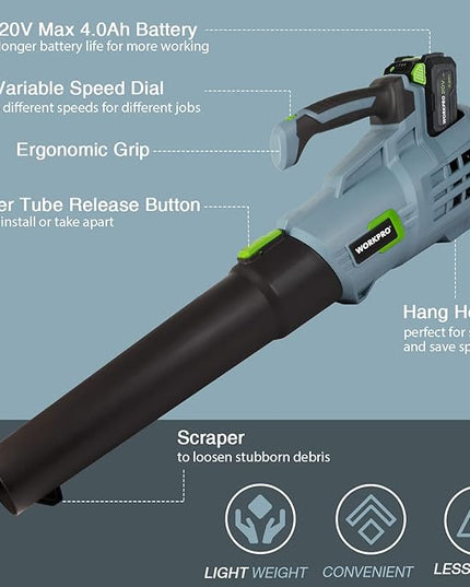 WORKPRO 20V Cordless Leaf Blower with 5 Adjustable Speeds, 350 CFM Powered Blower Sweeper for Lawn Care Snow Blowing Yard Cleaning, 4.0Ah Larger Capacity Battery and Quick Charger Included - LeafyLoom