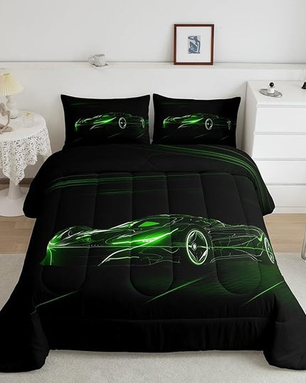 Feelyou Green Race Car Bedding Set King Size for Kids Boys Extreme Sport Games Comforter Set Teens Toddler Fast and Furious Duvet Set Cool Modern Quilt Set 3Pcs - LeafyLoom
