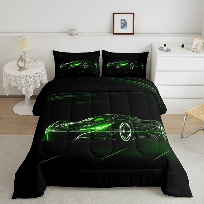 Feelyou Green Race Car Bedding Set King Size for Kids Boys Extreme Sport Games Comforter Set Teens Toddler Fast and Furious Duvet Set Cool Modern Quilt Set 3Pcs - LeafyLoom
