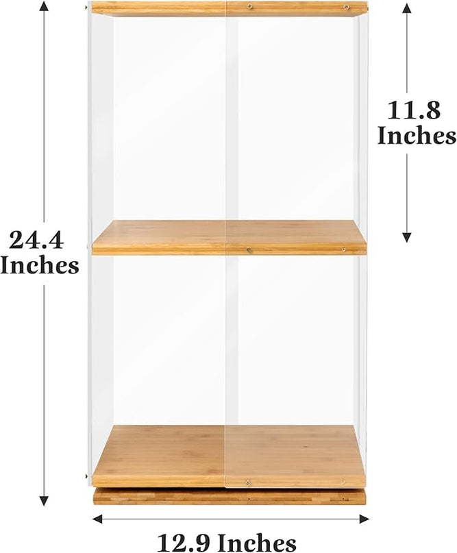 MYOYAY 360°Rotating Bookshelf 2 Tier Small Bookshelf with Doors Acrylic Bookshelf Spinning Modern Bookshelf Display Bookcase Rotating Storage Rack for Collectibles, Office, Bedroom or Living Room - LeafyLoom