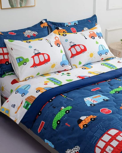 Wajade Cartoon Cars Comforter Set Bed in A Bag Twin Size Colorful Cars Bus Van Traffic Lights Bedding Set for Boys Kids (1 Comforter, 1 Flat Sheet, 1 Fitted Sheet, 2 Pillowcase and 2 Pillow Sham) - LeafyLoom