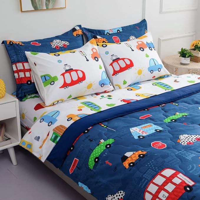 Wajade Cartoon Cars Comforter Set Bed in A Bag Queen Size Colorful Cars Bus Van Traffic Lights Bedding Set for Boys Kids (1 Comforter, 1 Flat Sheet, 1 Fitted Sheet, 2 Pillowcase and 2 Pillow Sham) - LeafyLoom