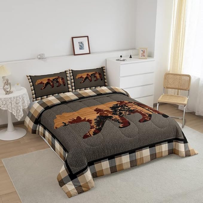 Cute Bear Comforter Set Wild Animal Pattern Bedding Set for Teens Nature Wildlife Bear Bedding Set Western Farmhouse Orange Grey Duvet Set Room Decor Queen Size Duvet Set 3Pcs - LeafyLoom