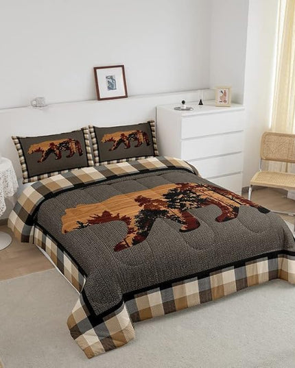 Cute Bear Comforter Set Wild Animal Bedding Set for Teens Nature Wildlife Bear Bedding Set Western Farmhouse Orange Grey Duvet Set Room Decor King Size Duvet Set 3Pcs Boys - LeafyLoom
