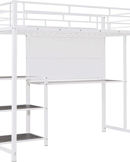 RITSU Twin Size Loft Bed, Heavy Duty Metal Bedframe with Desk and Whiteboard, 3 Big Shelves The Storage Space, Sturdy Construction, for Children's Room, Teens, White - LeafyLoom