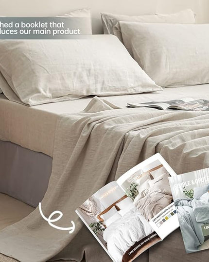 Simple&Opulence 100% Linen Sheet Set Solid Color- 6 Pcs Washed French Flax Bed Sheets (1 Flat Sheet, 1 Fitted Sheet, 4 Pillowcases) - Breathable Home Collection (Basic Linen, King) - LeafyLoom