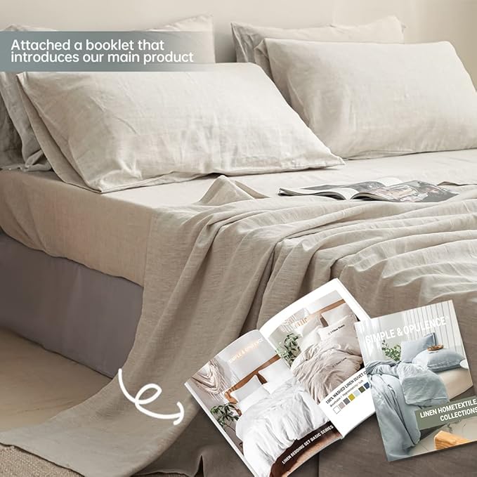 Simple&Opulence 100% Linen Sheet Set Solid Color- 6 Pcs Washed French Flax Bed Sheets (1 Flat Sheet, 1 Fitted Sheet, 4 Pillowcases) - Breathable Home Collection (Basic Linen, King) - LeafyLoom