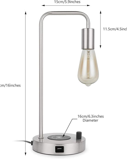 USB Desk Lamp – Table Lamp with Wireless Charging Pad and USB Port, Edison Bedside Nightstand Lamp with Metal Base for Guestroom Bedroom Living Room Office, Satin Nickel - LeafyLoom