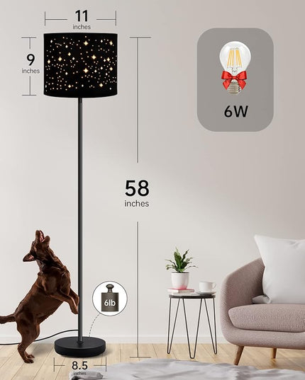 BoostArea Floor Lamp, Standing Lamp, 6W LED Floor Lamps with Black Lampshade, 2700K, Foot Switch, E26 Socket, 58" Tall Metal Pole Lamp, Simple Floor Lamps for Living Room/Bedroom/Farmhouse, Star - LeafyLoom
