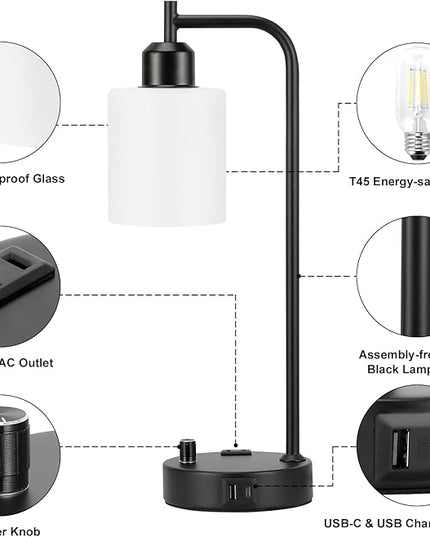 Industrial Bedroom Lamps for Nightstand Set of 2 - Fully Dimmable Bedside Lamps with USB A C Ports and Outlet, Black Table Lamps with Opal Glass Shade for Living Room, Desk Lamps for Office Reading - LeafyLoom