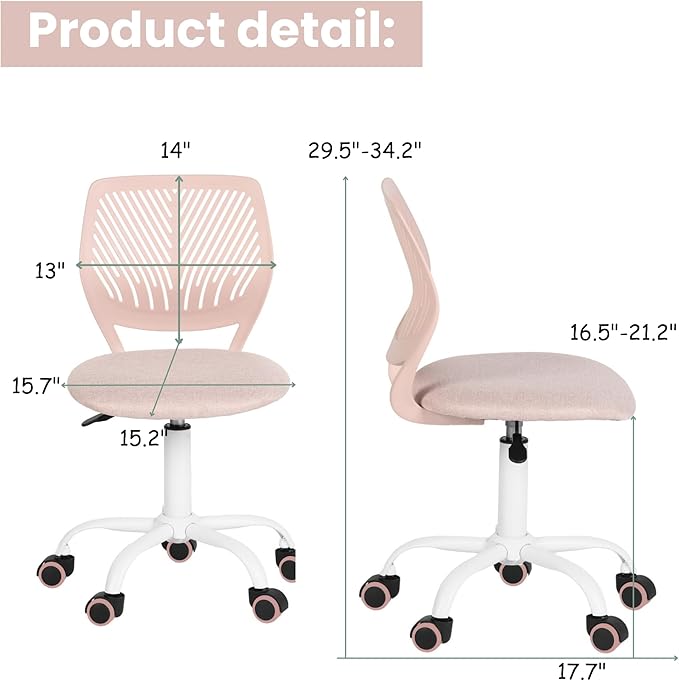 FurnitureR Writing Task Chair for Teens Boys Girls 360 Rolling Wheels Fabric Soft Pad Seat Breathable Backrest, Height Adjustable Liftup 29.5"-34.3", Morandi Pink - LeafyLoom