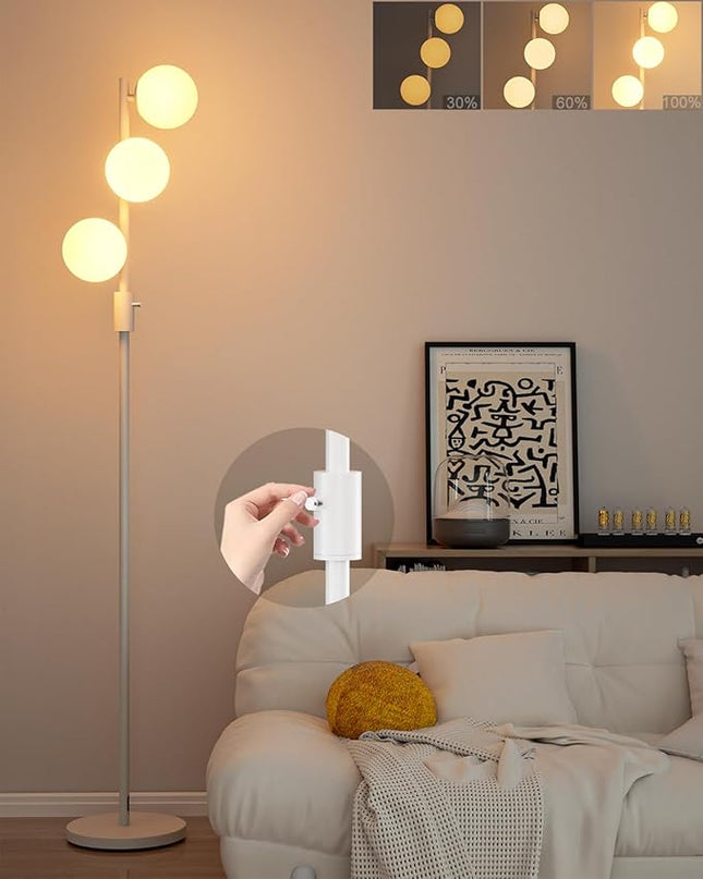 64IN Dimmable White Floor Lamp, Tall Standing Lamps with 3 Globe Soft Warm White Eye Care 3000K G9 Bulbs, Mid Century Modern Floor Lamp for Bedroom Office - LeafyLoom