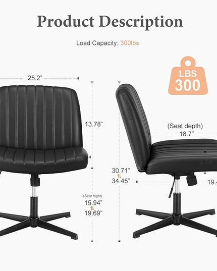 Sweetcrispy Criss Cross Chair Legged, Armless Office Desk Chair No Wheels, Swivel Vanity Chair, Height Adjustable Wide Seat Computer Task Chair, PU Leather Vanity Modern Home Chair Black - LeafyLoom
