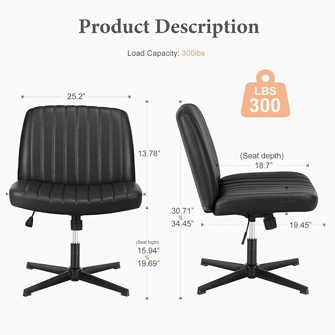Sweetcrispy Criss Cross Chair Legged, Armless Office Desk Chair No Wheels, Swivel Vanity Chair, Height Adjustable Wide Seat Computer Task Chair, PU Leather Vanity Modern Home Chair Black - LeafyLoom