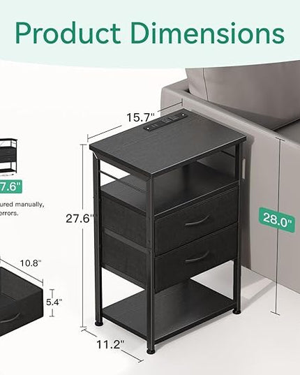 AODK Night Stand with Charging Station, End Table for Bedroom Tall Nightstand with Drawers, Small Nightstand for Bedroom, 4-Tier Storage Bedside Table, Black - LeafyLoom
