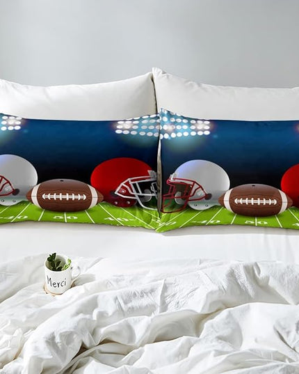 American Football Comforter Set Queen,Boys Ball Games Sports Bedding Set Football Helmet Field Down Comforter For Kids Teens Sport Theme Bedroom,Soft Microfiber Quilt Duvet Sets With 2 Pillow Cases - LeafyLoom