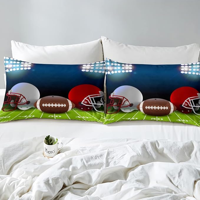 American Football Comforter Set Queen,Boys Ball Games Sports Bedding Set Football Helmet Field Down Comforter For Kids Teens Sport Theme Bedroom,Soft Microfiber Quilt Duvet Sets With 2 Pillow Cases - LeafyLoom