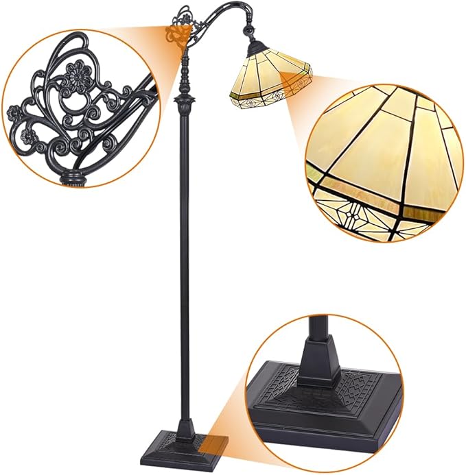 Capulina Tiffany Floor Lamp Antique Cream Style Stained Glass Soft Light Arched Gooseneck Adjustable Angle Reading Standing Lamp for Living Room Bedroom Home Office - LeafyLoom