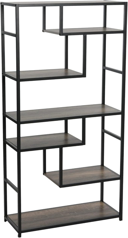 Household Essentials Jamestown Tall 6 Shelf Open Storage Bookshelf Ashwood Rustic Wood Grain and Black Metal - LeafyLoom