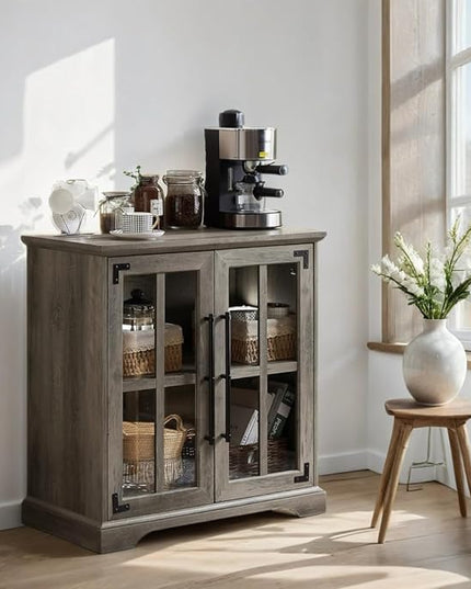 Okvnbjk Coffee Bar Storage Cabinet, Small Farmhouse Sideboard Buffet Cabinet with Doors & Shelves for Kitchen, Accent Credenza Cabinet for Living/Dining Room, Bedroom, Grey Wash - LeafyLoom