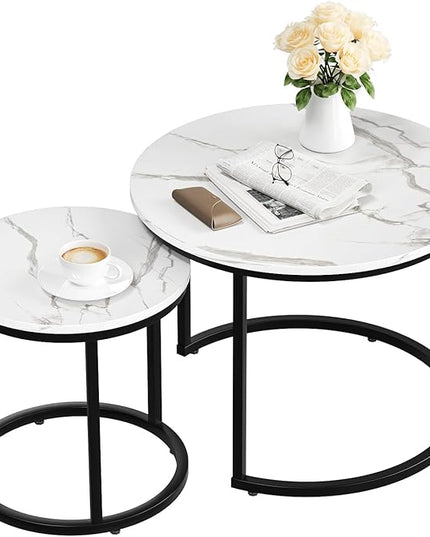 White Nesting Coffee Table Set of 2, 23.6" Round Coffee Table Wood Grain Top with Adjustable Non-Slip Feet, Industrial End Table Side Tables for Living Room Bedroom Balcony Yard - LeafyLoom