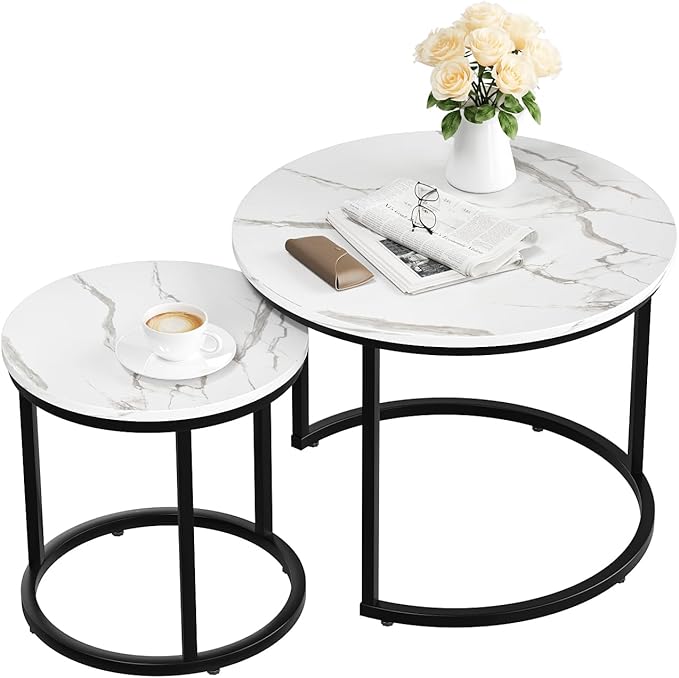 White Nesting Coffee Table Set of 2, 23.6" Round Coffee Table Wood Grain Top with Adjustable Non-Slip Feet, Industrial End Table Side Tables for Living Room Bedroom Balcony Yard - LeafyLoom