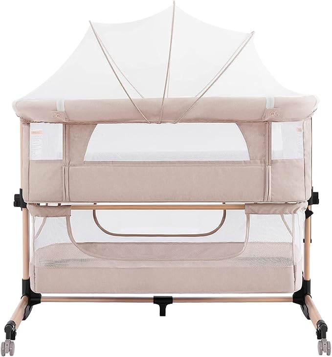 3 in 1 Baby Crib Bedside Crib,Baby Bassinet,Baby Bed Adjustable Portable Bed for Infant/Baby,Light Beige - LeafyLoom
