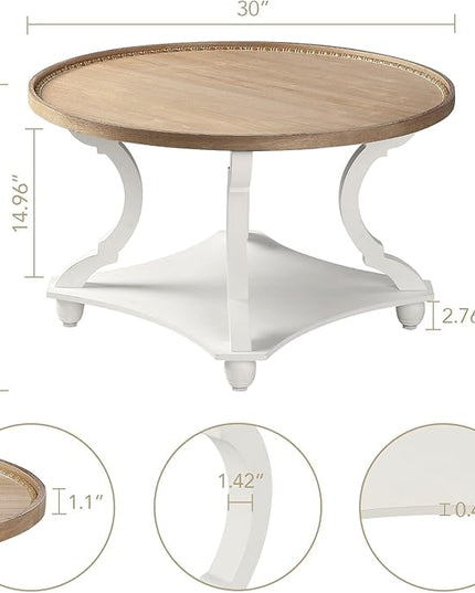 Wnutrees Farmhouse Round Coffee Table,Wood Tray Top Circle Coffee Table with Storage Shelf Rustic Style for Living Room and Vintage Finish,White - LeafyLoom