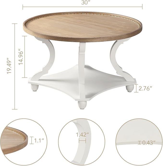 Wnutrees Farmhouse Round Coffee Table,Wood Tray Top Circle Coffee Table with Storage Shelf Rustic Style for Living Room and Vintage Finish,White - LeafyLoom