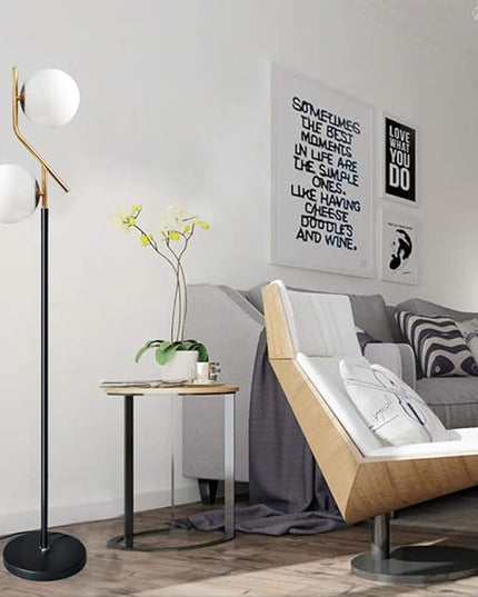Hsyile Lighting KU300208 Modern Style Two Milky White Glass Orbs and Brass Finish Floor Lamp for Living Room,Bedroom,Office,Hotel,Light Pole and Base Black Finish - LeafyLoom