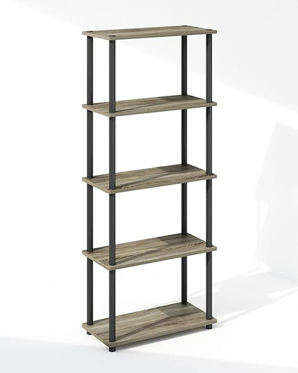 Furinno Turn-N-Tube 5-Tier Multipurpose Compact Display Rack, Shelving Unit, Bookcase, French Oak/Black - LeafyLoom