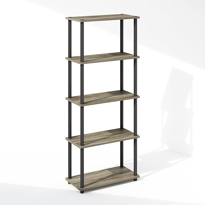 Furinno Turn-N-Tube 5-Tier Multipurpose Compact Display Rack, Shelving Unit, Bookcase, French Oak/Black - LeafyLoom