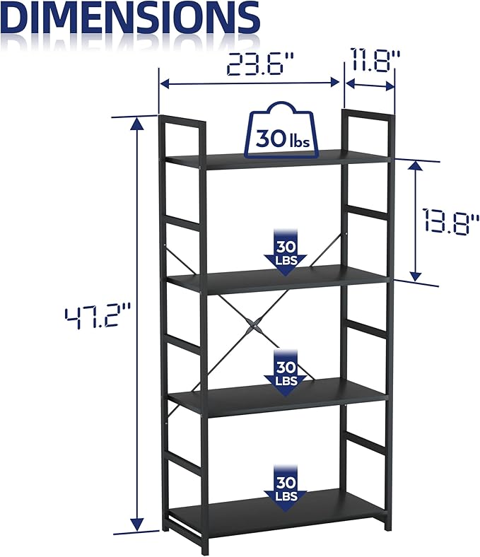 NUMENN 4 Tier Bookshelf, Tall Bookcase Shelf Storage Organizer, Modern Book Shelf for Bedroom, Living Room and Home Office, Black - LeafyLoom