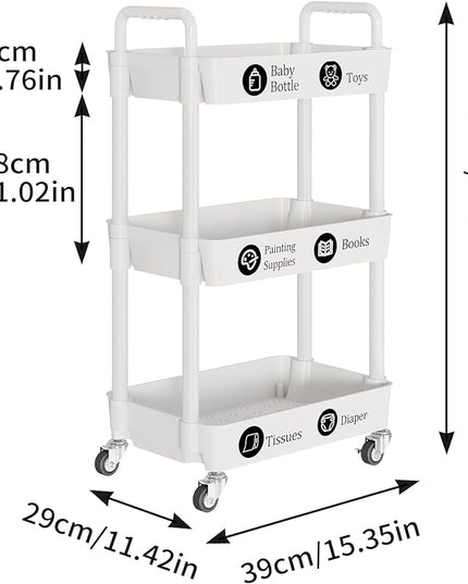3-Tier Storage Cart,Multifunction Kitchen Storage Organizer,Mobile Shelving Unit Utility Rolling Cart with Lockable Wheels for Bathroom,Laundry,Living Room,With Classified Stickers,White - LeafyLoom