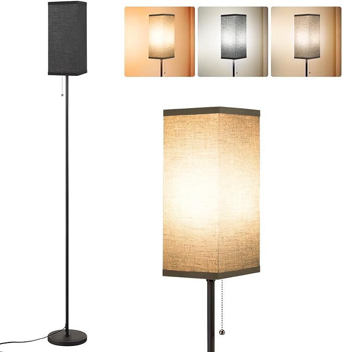 Black Floor Lamps for Living Room - 3 Color Temperature Standing Lamps with Pull Chain Switch, Tall Lamp for Office Home Nursery and Hotel, Pole Lamp with Black Lampshade for Reading - LeafyLoom