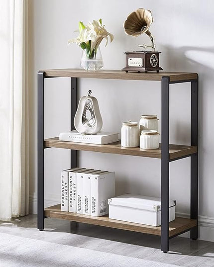FOLUBAN 3 Tier Bookshelf, Industrial Bookcase and Book Shelves for Bedroom, Rustic Wood and Metal Book Case for Office, Oak - LeafyLoom