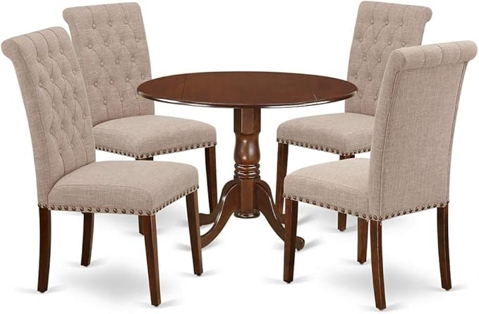 East West Furniture DLBR5-MAH-04 Dublin 5 Piece Room Furniture Set Includes a Round Dining Table with Dropleaf and 4 Light Tan Linen Fabric Upholstered Chairs, 42x42 Inch, Mahogany - LeafyLoom
