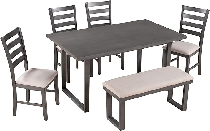 Kitchen 6-Pieces Family Furniture, Solid Wood Dining Room Set with Rectangular Table & 4 Chairs with Bench, Gray - LeafyLoom