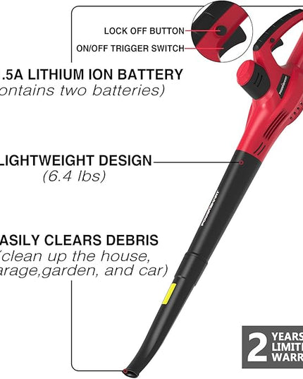 PowerSmart 20V Cordless Leaf Blower with 2 Batteries and Charger, Lightweight & Small Blowers for Benches, Gutters, Lawns (PS76101A), 2024 Version - LeafyLoom