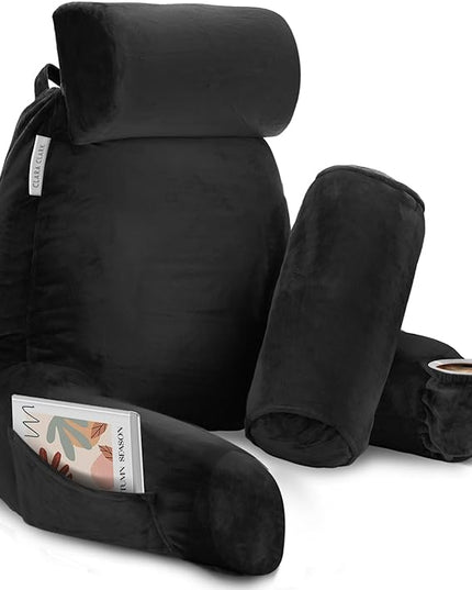 Clara Clark Reading Pillow with Portable Lap Desk for laptop Set, Back Pillow for Sitting Up in Bed, Memory Foam Back Support Pillow, Bed Rest Pillow with Foldable Laptop Desk, Large - Black - LeafyLoom