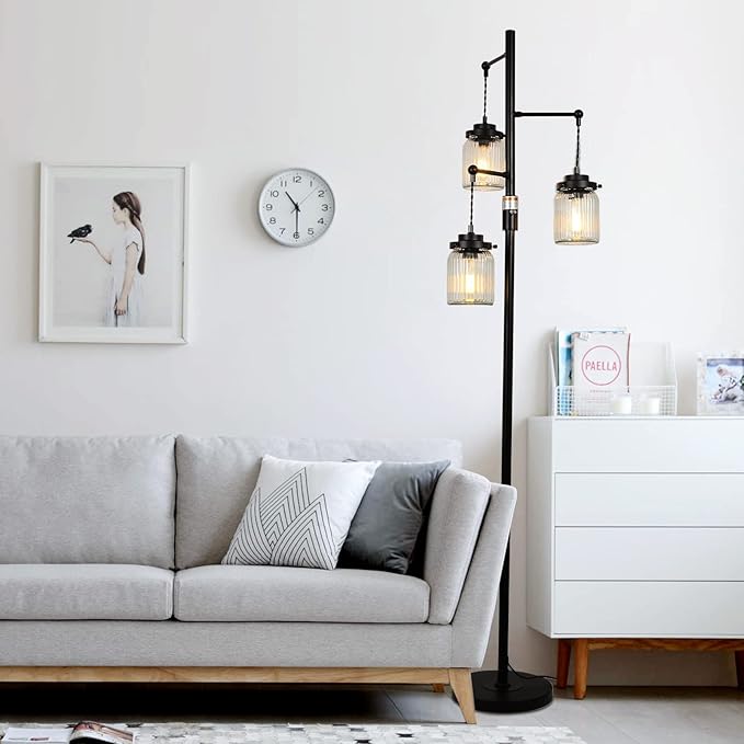 Industrial Farmhouse Rustic Lamp with 3 Glass Shades, Tall Standing Lamps with Dimmable Switch, Sturdy Base, Black Floor Lamps for Living Room Bedroom Office Home - LeafyLoom