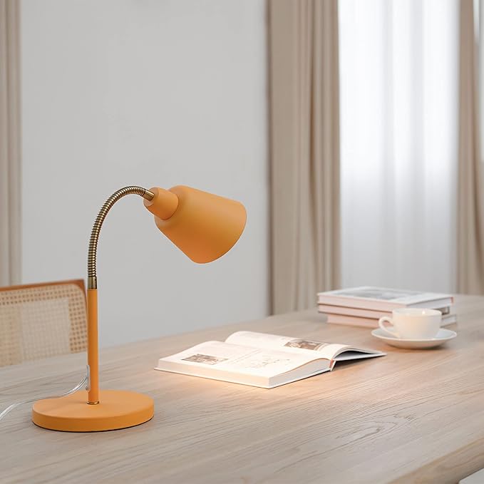 Globe 56083 16" Desk Lamp, Matte Orange, Adjustable Brass Gooseneck, in-Line On/Off Rocker Switch, Home Office Accessories, Desk Lamps for Home Office, Home Décor, Adjustable Lamp - LeafyLoom