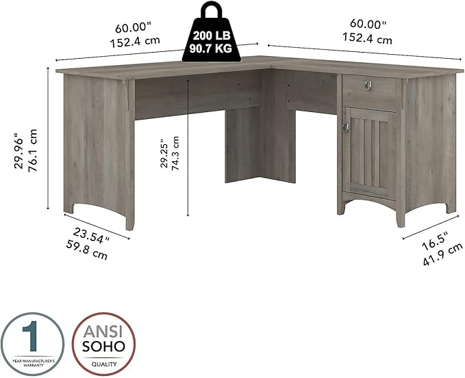 Bush Furniture Salinas L Shaped Desk with Storage in Driftwood Gray | Modern Farmhouse Corner Table with Drawers and Cabinets for Home Office - LeafyLoom