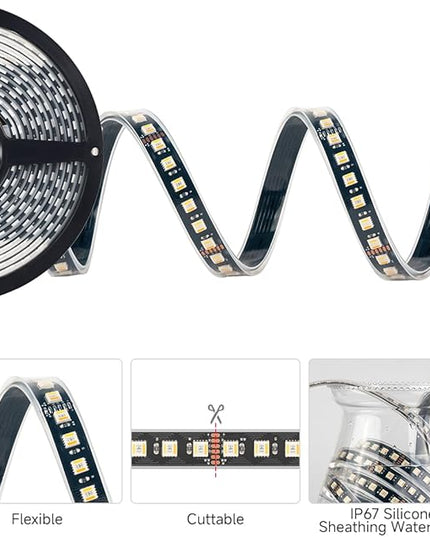 BTF-LIGHTING RGBCCT 5 Colors in 1 LED Tape Lights 5050SMD RGBWW RGB+Dimmable Color Temperature 2700K-6500K 16.4ft 96LED/m 480LED IP67 DC24V Black PCB for Home Decoration(No Adapter or Controller) BTF-LIGHTING