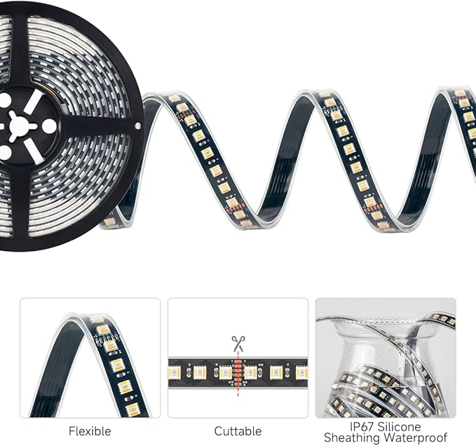 BTF-LIGHTING RGBCCT 5 Colors in 1 LED Tape Lights 5050SMD RGBWW RGB+Dimmable Color Temperature 2700K-6500K 16.4ft 96LED/m 480LED IP67 DC24V Black PCB for Home Decoration(No Adapter or Controller) BTF-LIGHTING