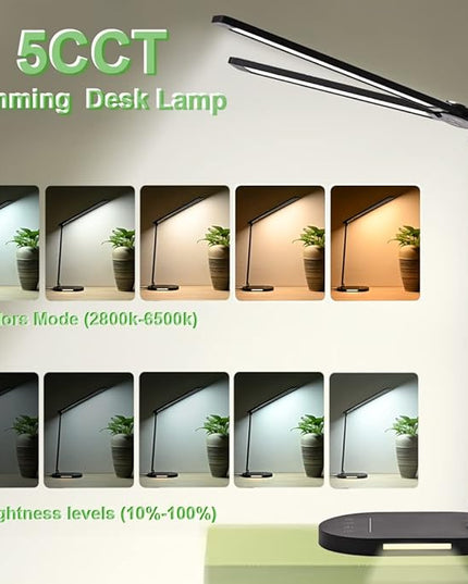 Desk Lights for Home Office - LED Desk Lamp with Night Light, Office Desk Lamp with Memory Function, 5CCT Brightest Workbench Office Lighting, Dimmable Modern Desk Lamp for Monitor Studio Reading - LeafyLoom