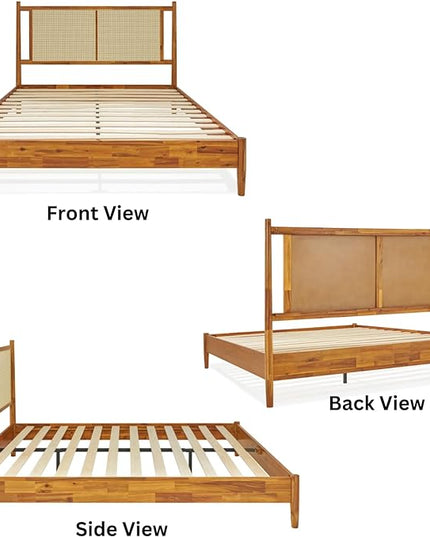 Bme Oliver Headboard Queen Size Bed Frame - 15-Inch Signature Design with Rattan Headboard, Bohemian and Mid Century Style, 12-Slat Wood Support, No Box Spring Needed - Easy Assembly, Caramel - LeafyLoom