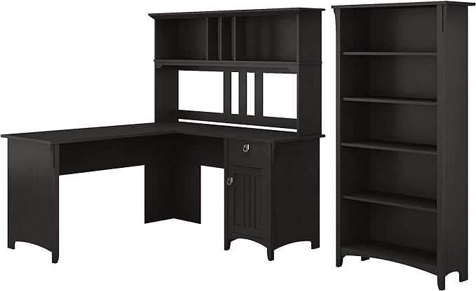 Bush Furniture Salinas 60W L Shaped Desk with Hutch and 5 Shelf Bookcase in Vintage Black - LeafyLoom