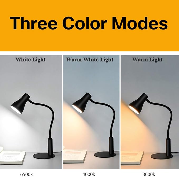 LED Desk Lamp, 3 Lighting Modes and 6 Brightness Levels, 10W Flexible Gooseneck Table Lamp for Living Room and Study, Remote Control with Timing Function, AC Adapter Included (Black) - LeafyLoom