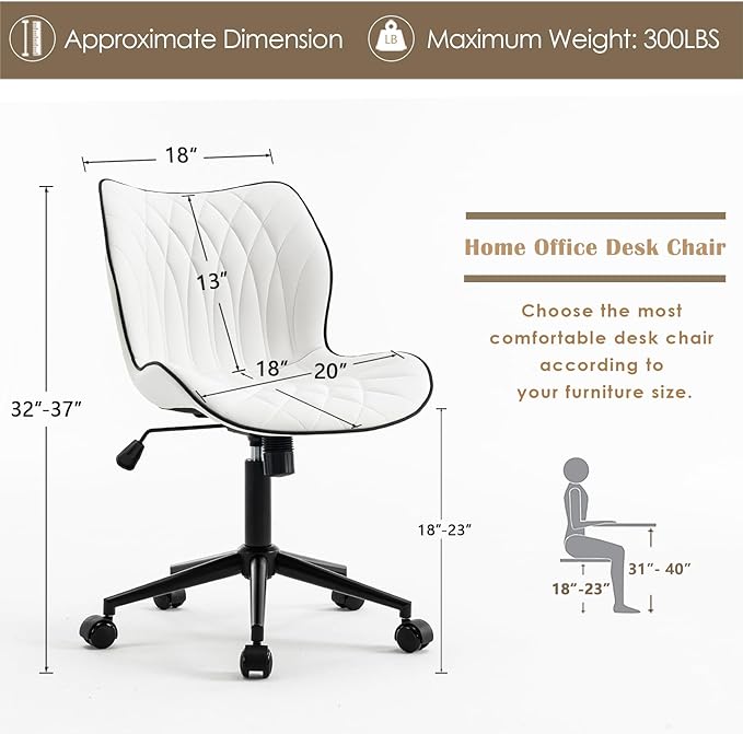 YOUNUOKE Office Desk Chair, Comfy Home Office Chairs, Small Comfortable Desk Chairs with Wheels, Armless PU Leather Chairs for Computer Conference, White - LeafyLoom